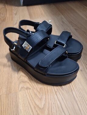 SM New York Maisie Platform Sandals in Black with Gold Accent